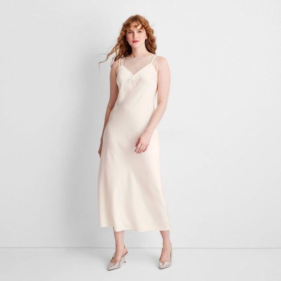 Future Collective Dresses & Skirts - Future Collective - Women's Sleeveless Mixed Media Ankle Slip Dress -  Cream